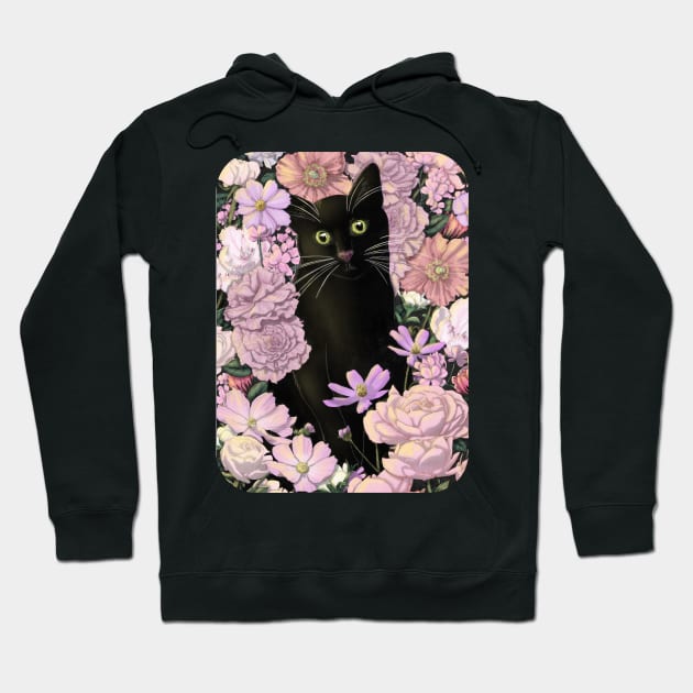 Little Black Garden Cat - Pink Flowers Hoodie by ECMazur